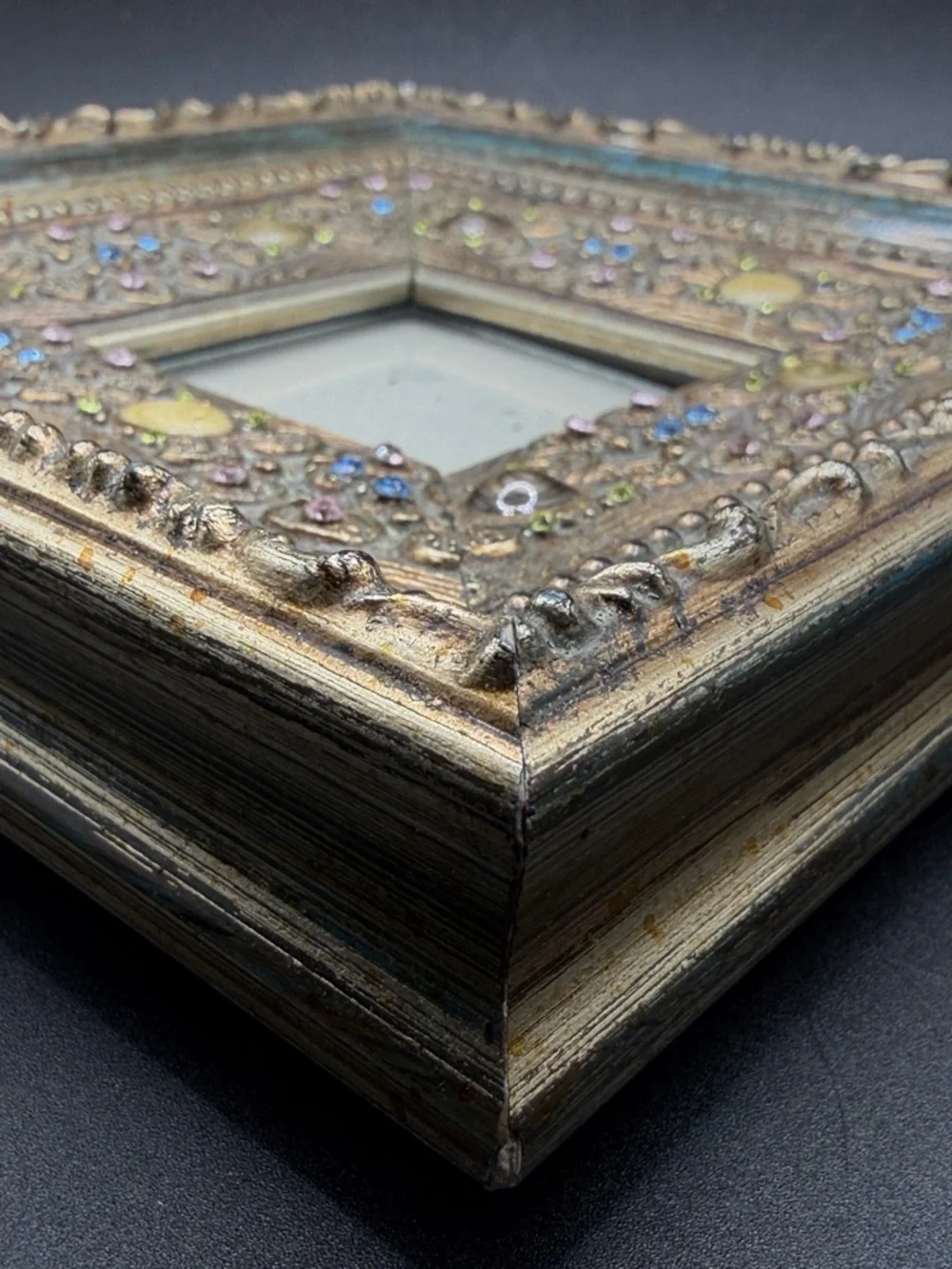 Vintage Bejeweled Crystal Enamel Gilt Wood Ornate Picture Frame Photo Display